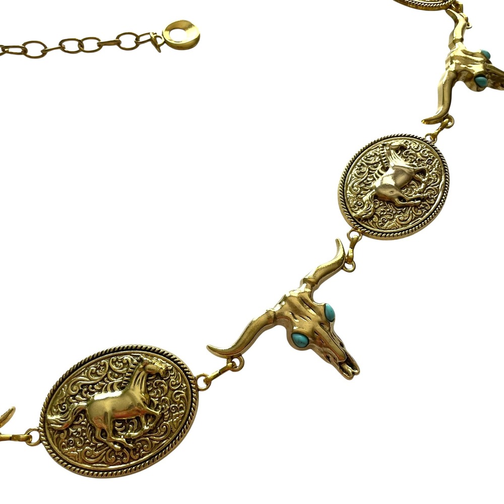 Turquoise Longhorn Skull Chain Belt Western Boho Statement‎ Cowboy Rodeo concho - Picture 7 of 9